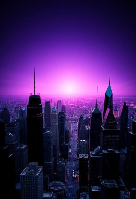 A surreal digital art piece depicting a city skyline where skyscrapers morph into abstract geometric shapes, viewed from an aerial perspective that emphasizes the urban landscape's whimsical and unsettling nature. The horizon transitions between stark black and a vibrant emotional gradient of purples, blues, and pinks, evoking feelings of wonderment and unease while highlighting the intriguing juxtaposition between reality and fantasy in this uniquely crafted image.
