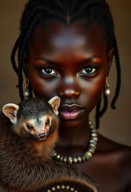 fashion photo hyperrealism, closeup of black nigerian girl with Tarsier