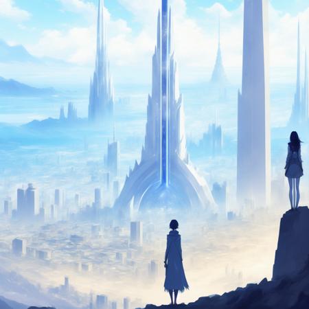 anime Epic Composition, massive scale a woman stands observing the distant mega Spire city in the distance (SpireCity style:1) <lora:djzSpireCity:0.8)