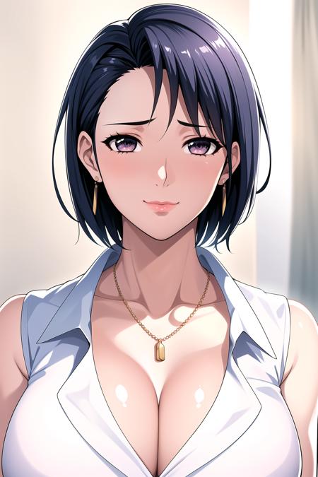 Simple White Background,
earrings, front-tie_top, necklace, shirt, sleeveless,
<lora:EmikoAmamiya-V1:0.7>,
black_eyes,Blue_hair,short_hair,Bangs,
<lora:Oda_Non_Style-KK77-V2:0.3>,<lora:more_details:0.1>,
1 girl, 20yo,Young female,Beautiful Finger,Beautiful long legs,Beautiful body,
Beautiful Nose,Beautiful character design, perfect eyes, perfect face,expressive eyes,perfect balance,
looking at viewer,(Focus on her face),closed mouth, (innocent_big_eyes:1.0),(Light_Smile:1.0),
official art,extremely detailed CG unity 8k wallpaper, perfect lighting,Colorful, Bright_Front_face_Lighting,White skin,
(masterpiece:1.0),(best_quality:1.0), ultra high res,4K,ultra-detailed,
photography, 8K, HDR, highres, absurdres:1.2, Kodak portra 400, film grain, 
blurry background, bokeh:1.2, lens flare, (vibrant_color:1.2),professional photograph,
(Beautiful,large_Breasts:1.4), (beautiful_face:1.5),(narrow_waist),