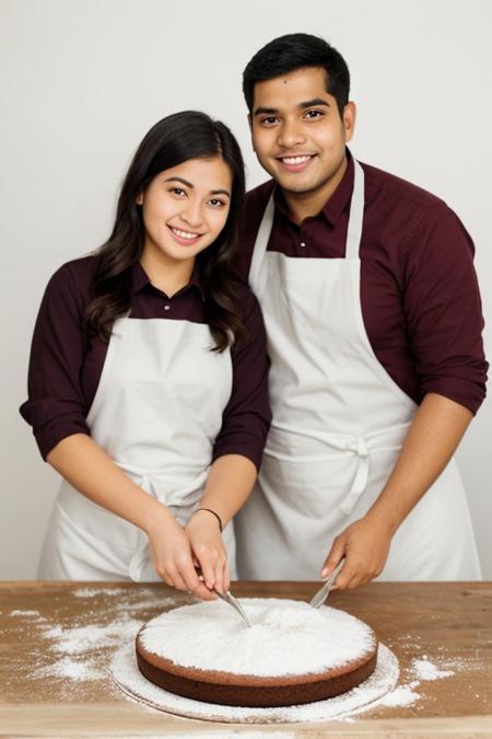 Cheerful young woman and man making flour, making, on a table. "Isolated on white background", "wide shot", apron, sri lankan, uncropped, looking at the cake, holding a cake