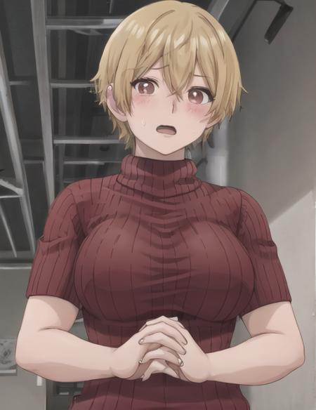 <lora:MikiKinemi-08:0.7> MikiKinemi, 1girl, solo, breasts, looking at viewer, blush, open mouth, large breasts, upper body, sweatdrop, sweater, turtleneck, parody, own hands together, ribbed sweater, turtleneck sweater, red sweater