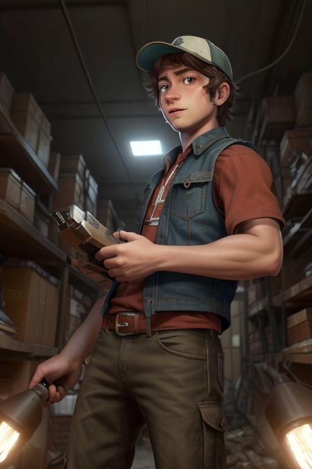 dipper_pines, muscular, stubble, goatee, cowboy shot, khaki baseball cap, vest, a wrench is sticking out of a pocket, brown eyes,  alarmed, view from below, looking to side, red shirt, abandoned facility, holding mechanical flashlight, wires, antenna, blue electrical tape,   Clutter-Mechanical,   <lora:add_detail:1>,  <lora:dipper_pines:0.65>