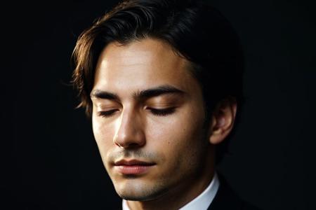 face closeup,closed eyes,elegant european men,dark theme, detailed skin, empty background