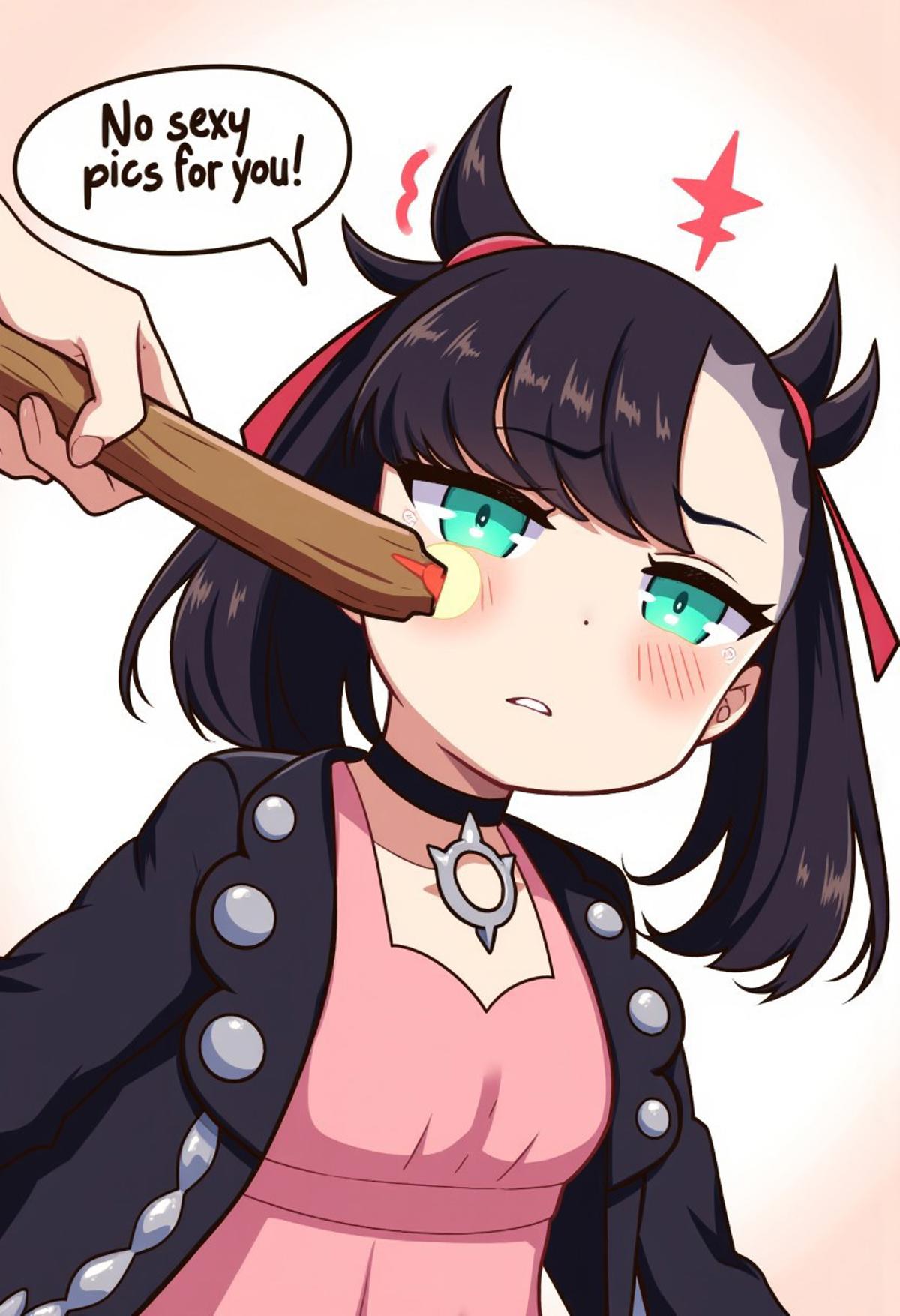 cute cartoon style, hand holding a wooden baseball-bat hitting  the head of a zzMarnie with closed eyes, sad, a collar,  angry, teeth, sad, tear, emphasis lines, cartoon lines. She has aqua eyes and is wearing a choker, pink dress and black jacket.  
Speech bubble from the person with the bat says "No sexy pics for you"