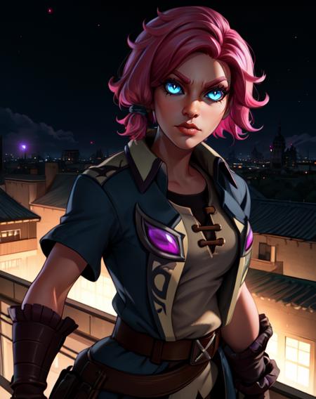 Meave, solo.short pink hair with a hair knot, blue slit pupils,   blue eyes,   serious,    
brown belt,  brown gloves ,fingerless gloves , white shirt,  dirty clothes, 
upper body,  standing, motion lines,   cowboy shot, 
nighttime,  outside,  rooftop, 
(insanely detailed, beautiful detailed face, masterpiece, best quality) fantasy, <lora:meave-10v7:0.8>