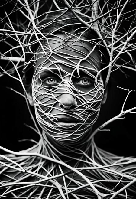 This is a high-resolution, black-and-white photograph of a person with their face partially obscured by a mass of tangled, root-like branches. The branches, which appear to be dry and weathered, cover the person's forehead, nose, and part of the mouth, creating a surreal and haunting effect. The person's lips are slightly parted, and their eyes are not visible due to the branches. The texture of the branches is rough and uneven, contrasting starkly with the smooth, almost porcelain-like skin of the person's face. The person is wearing a high-necked, long-sleeved garment that appears to be made of a thick, ribbed fabric, adding to the overall dramatic and eerie atmosphere of the image. The background is completely dark, making the person and the branches the focal point. The lighting is soft yet directional, highlighting the textures and shadows of the branches and the person's face. The photograph is highly stylized, combining elements of nature and human form in a striking and thought-provoking manner.