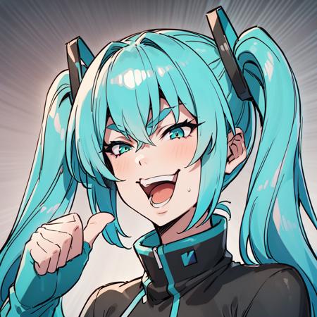 <lora:xl_kono dio da (meme) :1>,dio face,open mouth,smile,thumbs up,hatsune miku,, masterpiece, best quality,