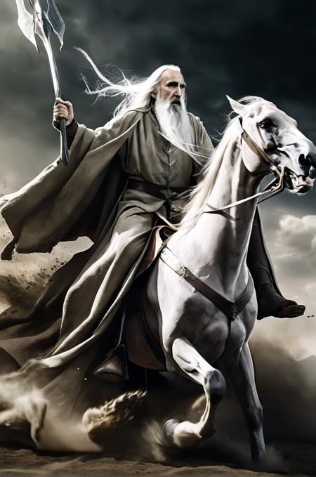 Hyperrealistic, (Saruman Riding a Horse:1.3), Engaged in a Fierce Battle, Armor and Robes Blowing in the Wind, Dynamic Lighting, Dramatic and Dynamic Pose, Determined and Intense Expression, High Contrast, Dynamic Composition, Dark and Muted Color Palette, Shallow Depth of Field, Detailed Textures, Weapon in Hand, Chaotic Battlefield Environment