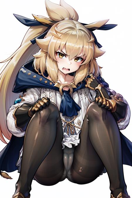 1girl, solo focus, blonde hair, dress,  white dress, long hair,  ribbon,  yellow eyes,  fang, bangs, (hair ribbon:1.2),(blue ribbon),,  hair between eyes, ponytail,  torn clothes, (pantyhose:1.2), blue cape, long sleeves, hair ornament, frills, cloak,  torn pantyhose, gloves, skin fang, frilled dress, black pantyhose, collarbone, blush, very long hair, cape, ascot, claws,  high ponytail, hood, yellow ribbon, sidelocks, jewelry, blue ascot,  sleeves past wrists, wide sleeves, , collared dress, blue cloak, claw (weapon), flat chest, coat, duel monster,  ,gauntlets, 