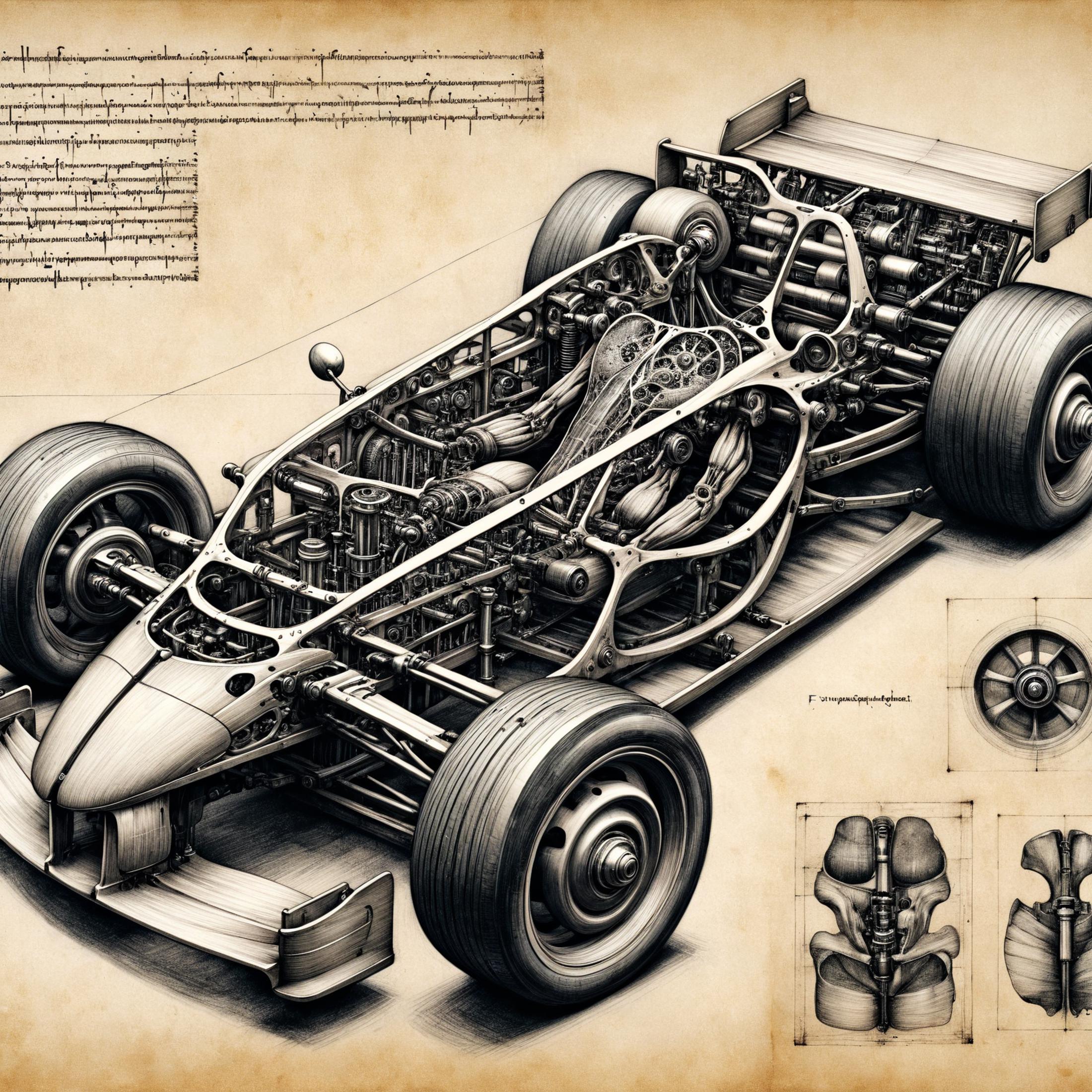 A hand drawn illustration of a racing car engine.