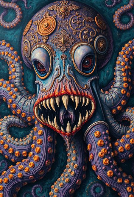 Historical medieval painting of a cosmic horror octopus with thousand teeth.  Highly ornamental abstract psychedelic style. Eerie, serious, adult, malicious atmosphere. Highly intricate, sharp and dirty oil painting. Vibrant shades of blue, purple, and orange.
