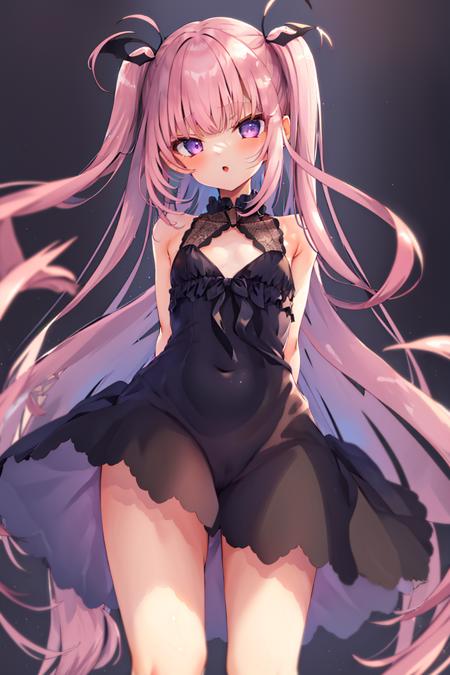 1girl, pink_hair, two side up, small breasts, ribbon, cowboy_shot, arms behind back, black dress <lora:style_kedamaa:1.0>