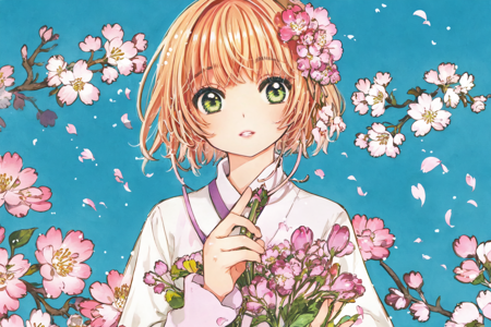 best quality, masterpiece, extremely detailed, detailed background, 1girl, solo, green eyes, flower, short hair, parted lips, looking at viewer, holding, bangs, blonde hair, blue background, upper body, pink flower, cherry blossoms, kinomoto sakura, hair ornament, ourdoors, scenery