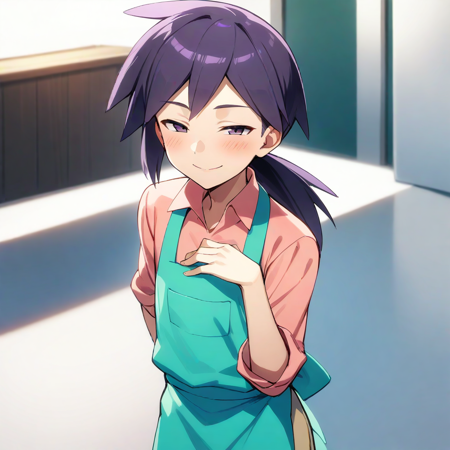 1boy, male focus, purple hair, ponytail, apron, pink shirt, collared shirt, aqua apron, cowlick,