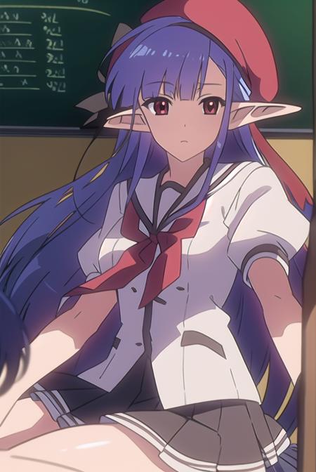 shufflenerine, <lyco:nerine-LYCORIStest:1>,
nerine, long hair, blue hair, pointy ears, (red eyes:1.5),
BREAK skirt, hat, school uniform, short sleeves, socks, puffy sleeves, puffy short sleeves, beret,
BREAK looking at viewer,
BREAK indoors, classroom, 
BREAK <lora:GoodHands-vanilla:1>, (masterpiece:1.2), best quality, high resolution, unity 8k wallpaper, (illustration:0.8), (beautiful detailed eyes:1.6), extremely detailed face, perfect lighting, extremely detailed CG, (perfect hands, perfect anatomy),