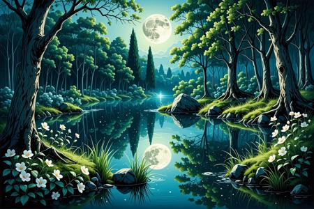 Masterful artwork depicting a secluded enchanted grove in the midst of ominous wetlands, a hidden sanctuary and gift from the force of light and kindness = a pond of crystal clear water fed by a bubbling spring emerging from a rock outcropping surrounded by a thick layer of confiers and deciduous trees interspersed by berries and flowers whose blossoms are currently closed for the night as the landscape softly shimmers under tender touch of sparse moonbeams piercing the cloud cover above. wondrous and fantastic landscape, grove, trees, pond, moonlight, mystery, mist, fog, flowers, meadow, starlight, enchanted grove, 
eerie glow, bushes, rose thicket, shrubs, vines, grass, moss, peaceful, light particles, fireflies, orchid, reed, soft, cozy, perfect lighting, 
perfect composition, depth of field, off-center composition, rule of thirds,
masterpiece, absurdres, best quality, intricate details, perfect shading, very aesthetic, ultra-detailed, comfy, cozy, peaceful