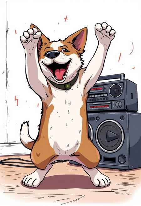 anime style, a dog break dancing with a boom box,