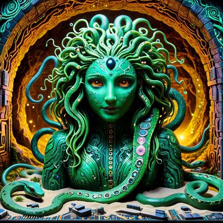 a  circuit board medusa with wriggly snake hair  in a magical mythical setting, Cave whose walls are covered with moss, sand snakes, vibrant  surreal, whimsical, playful, intricate details, cinematic lighting, digital painting, trending on artstation, 8k, ultra-detailed, masterpiece, fantasy art,  mythical creatures,  magical atmosphere, ,<lora:SankeHairILL:1>, pcb_style
