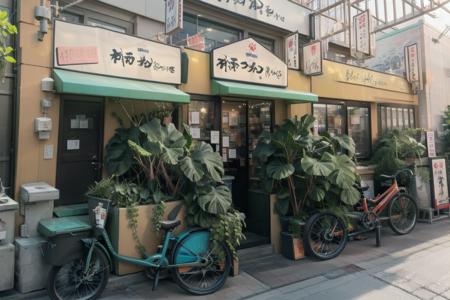  dai1asahi, storefront, scenery, sign, bicycle, building, outdoors, plant, city, fence, road, road sign, street, utility pole, power lines, trash can, tree, potted plant