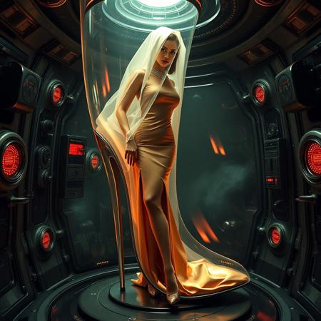 tall slender elegant slavic femme fatal  encased  inside  giant glass sleek stiletto shoe ,  veil  covered, under dimension portal to another galaxy , dressed in sexy glossy satin side slit 1950s nightgown ,  lush diamond collar, pefect legs in lace trim stockings and d'orsay high heels, small feets, alien spaceship brainwashing chamber,  inside weird horror alien machine,  horror, forced, restrained, fetish