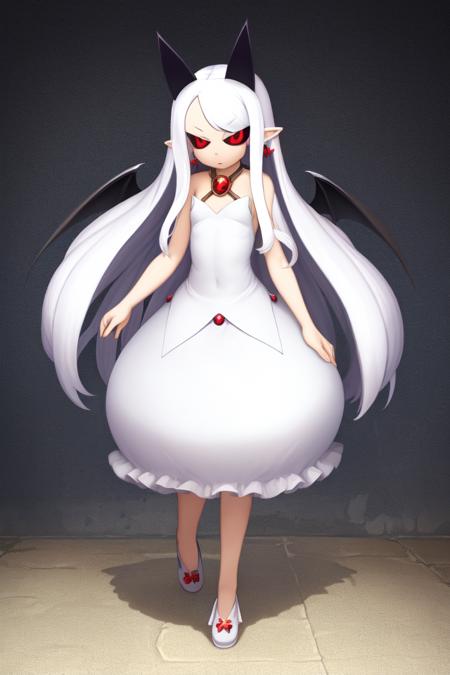 masterpiece, best_quality, 1girl, solo, long hair, bangs, red eyes, white hair, pointy ears, black sclera, horns, white dress, wings, full body<lora:pram_v1:0.8>