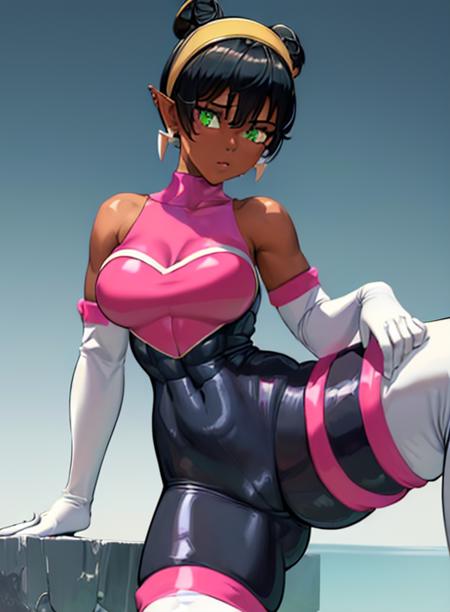 best quality, (masterpiece),(ultra-detailed), (high quality), (high resolution), ,  <lora:rougecosplay:0.7>,rouge cosplay, breasts, white gloves, bare shoulders, thigh boots, bodysuit, white footwear,  <lora:Buki:0.5>, buki, black hair, breasts, dark skin, dark-skinned female, double bun, earrings, green eyes, hair bun, hairband, pointy ears, short hair