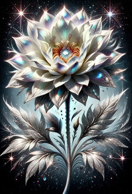 aesthetic, masterpiece, absurdres, realistic, (raw photo:1.3), intricate detail, high detail, sharp detail, contrast, symmetrical, elegant flower, diamondMW, sparkles, glitter, iridescent