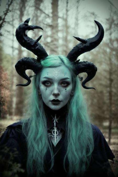 a woman with horns and makeup posing for a picture , witch_style