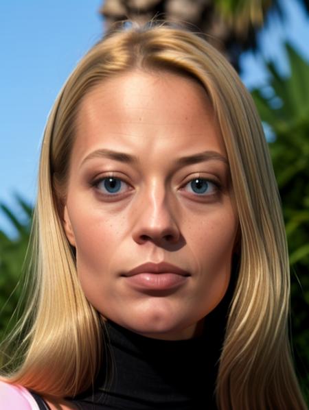 A stunning intricate full color face portrait of real blue eyed jeriR look intensely at the viewer, wearing a black turtleneck, sharp focus, natural lighting, subsurface scattering, f4, 35mm, film grain, best shadow, background of the ocean and palm trees,   <lora:jeriR_young:0.9>