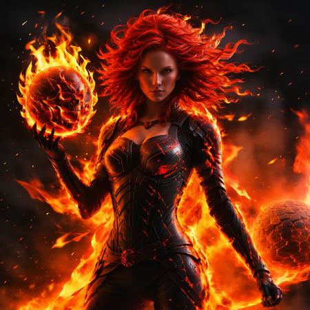 fireart,a fireball ,woman,masterpiece, best quality, 1girl, sci-fi armor with black and red colors, glowing elements, redhair<lora:fireart:1>