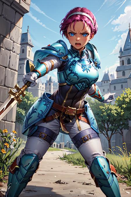 (holding polearm,fighting stance,angry),<lora:fionaV1:0.8>,fiona,short hair,forehead,armor, armored boots, belt, breastplate,hairband, shoulder armor, looking at viewer,white pants, white gloves, gauntlets,  jewelry, knee boots,outdoors,castle gate,(masterpiece, best quality, ultra-detailed, best shadow)