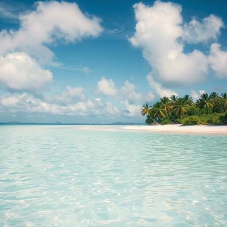 perfect carribean beach, into infinity, distant clouds on the horizon, perfect, pine trees, palm trees, barbados