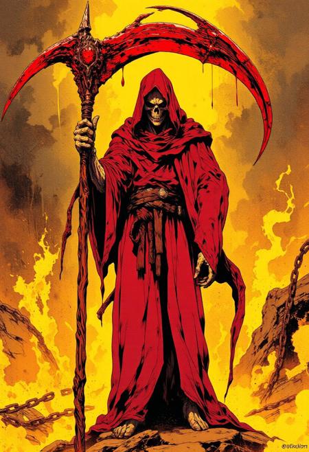 Death incarnate in a long red robe. skeletal face. boney hand and arm. Holding a giant red bloody scythe. Background of yellow flames and chains,CAICO