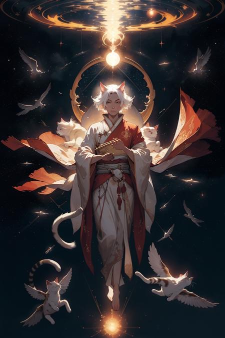 A cat soaring in outer space between the stars, buddhist robe, dreamy, concept art, misty, elegant, highly detailed, in style of greg rutkowski, dim colors, soothing tones