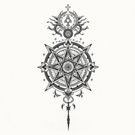 tattoo design, intricate occult symbolism, esoteric, Thelema