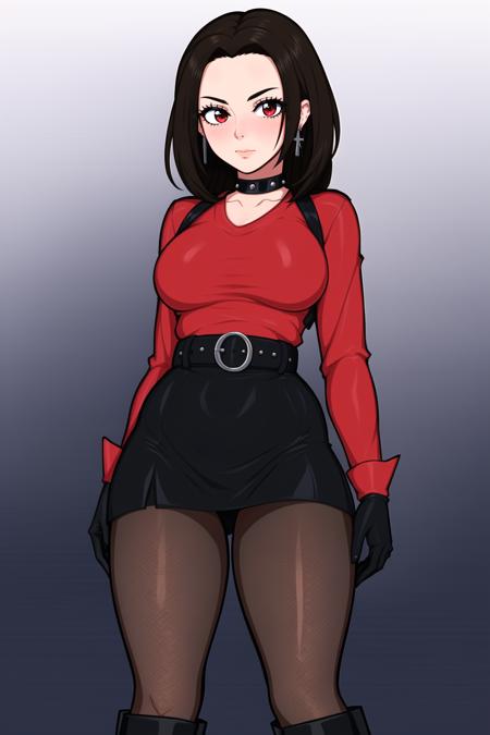 <lora:tamarillo:0.7>,inzaniak,belt,looking at viewer,solo,black choker,black hair,long sleeves,highres,fishnet pantyhose,spiked choker,cross,multiple earrings,brown hair,black belt,shirt,fishnets,gloves,platform boots,piercing,1girl,pantyhose