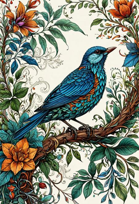 Finely detailed vector illustration, botanical study, bird, ultra realistic quality, interwoven pattern, white background, hyperdetailed, intricately detailed,  triadic colors,fantastical,intricate detail,splash screen,complementary colors, fantasy concept art, 8k resolution, masterpiece, ink on old paper, calligraphy,