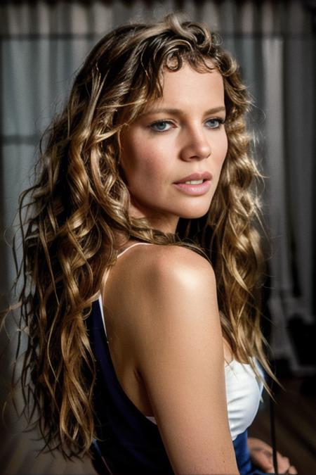 <lora:k1mb4ss1ng3r:0.9>, a Realistic portrait of a k1mb4ss1ng3r woman, long hair, looking at viewer, blue eyes, blonde hair, bare shoulders, parted lips, teeth, looking back, hair over one eye, lips, wavy hair, realistic, soft lighting, professional Photography, Photorealistic, detailed, standing in a dark Studio Room background, blurred background, RAW, analog, sharp focus, 8k, HD, DSLR, high quality, Fujifilm XT3, film grain, award winning, masterpiece