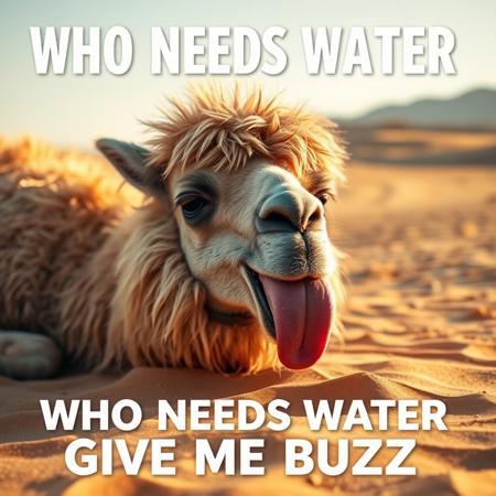 A tired and thirsty lama lying in the desert. His tongue is stretching out. He says "WHO NEEDS WATER GIVE ME BUZZ" with buzz being highlight in yelllow theme