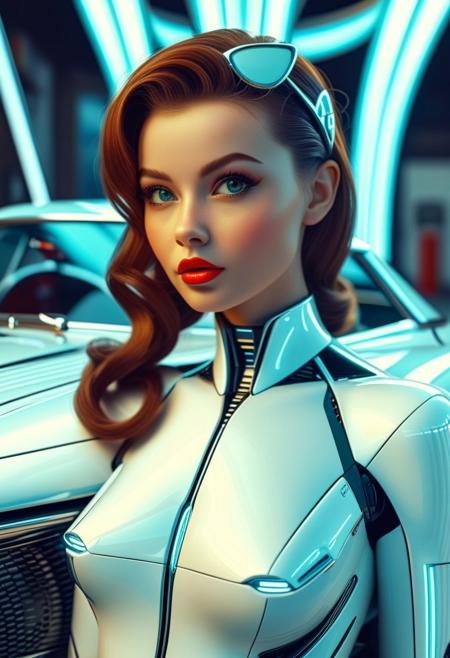 Futuristic electric super car, retro 1960-style  futuristic, girl pinup model standing next to car, masterpiece, 8k,absurdres, intricate details, focus on girl's face, car's shapes continue behind girl,
close to viewer, upper body picture, 
beautypinupart, 1girl, futuristic car,