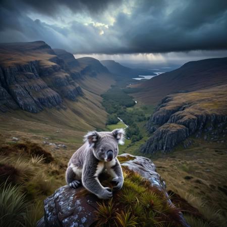moody lighting,rugged beauty of the Scottish Highlands is a paradise for outdoor enthusiasts, with hiking, climbing, and wildlife watching,Koala,overhead angle,(highly detailed masterpiece Realistic extremely hyper aesthetic trending on artstation),ethereal fantasy concept art magnificent celestial ethereal painterly epic majestic magical fantasy art cover art dreamy,Nikon d3300,Hyperrealistic art Extremely high-resolution details photographic realism pushed to extreme fine texture incredibly lifelike