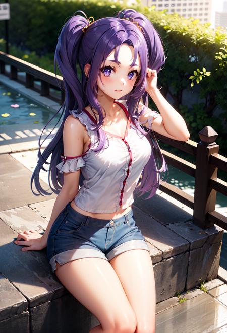 iroha purple hair, purple eyes, twintails sun hair ornament, default_dress, bow, sleeveless