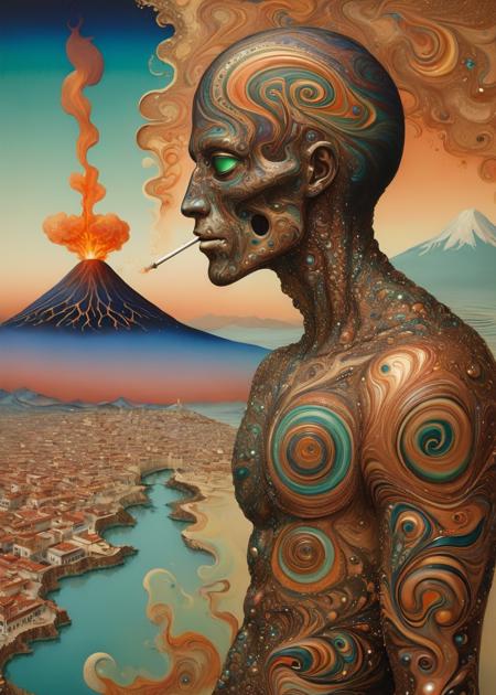 Op Art, xlmrblng15-1300 magnificent Mexican male cyborg looking at a smoking volcano beside a mediterranean town, (bronze-tinted:0.5), very detailed, intricate, iridescent