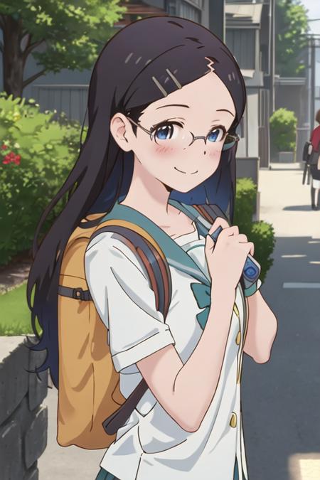 best quality, masterpiece, highres, solo, {saito_kaede_encouragementofclimb:1.15}, black_hair, glasses, blush, long_hair, hairclip, hair_ornament, blue_eyes, smile, 1girl, backpack, bag, looking_at_viewer, outdoors