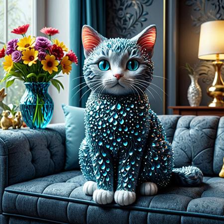 cat made of tearStyle2, indoor, beautiful background, vase, flower, couch, wall decoration, best quality, detailed image, 4k, 8k