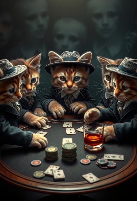 A hyper-stylistic, extremely detailed image depicts a group of kittens dressed as 1940s mobsters, sitting at a round table playing poker. Each kitten is adorned in a miniature fedora, suit, and tie, complete with a tiny cigar clenched between their teeth. The table is a swirl of activity, with cards, chips, and whiskey glasses scattered about. The kittens' eyes gleam with mischief as they study their hands, their little paws hovering over the cards. Every detail of the image is meticulously crafted, from the intricate, textured patterns on the kittens' suits to the delicate, nuanced expressions on their faces. The overall effect is one of adorable, comedic gangster charm, as if the viewer has stumbled upon a secret, high-stakes kitten poker game. highest-Quality, intricate details, visually stunning, Masterpiece