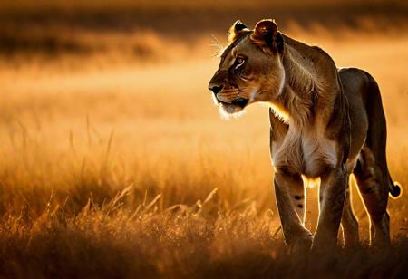 Picture a lioness prowling through the golden grasslands of the savanna as the sun dips below the horizon. Taken from a low angle, the photograph captures the lioness in silhouette against the vibrant hues of the evening sky. With the warm glow of twilight casting long shadows across the landscape, the image conveys a sense of anticipation and mystery as the queen of the savanna prepares for the hunt.  Low-key lighting Style