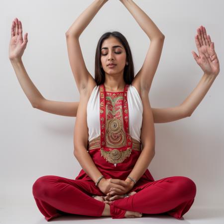 from the front, facing the camera, candid, RAW photo, (a sexy pakistani woman, EXTRAARMS, EXTRA ARMS, sitting, lotus position, kali, arms out, arms up, hands up, multiple arms, open hands meditation), (white background) , 8k uhd, dslr, soft lighting, high quality, film grain, Fujifilm XT3,      <lora:ExtraArms:1>