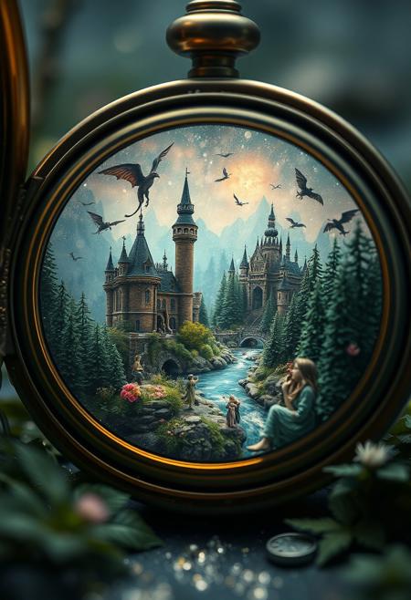 A miniature fantasy world inside an antique pocket watch, with tiny castles, sparkling rivers, and lush forests. The inhabitants are miniature fairies and elves, and the sky is filled with miniature dragons. Style inspired by the watercolor art of Romulo Royo and the dark, magical style of Luis Royo, with a touch of the fantasy illustration of Alphonse Mucha. UHD, centered composition, photorealistic, hyperrealism, dramatic, moody, mesmerizing atmosphere, extremely intricate, hyperdetailed, 8k resolution, masterpiece.